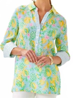 Lilly Pulitzer Bluette Make Lemonade Riverlyn Pieced Linen Lemon Print Tunic NEW